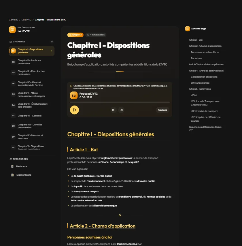 Lecteur de cours LTVTC : chapitre structuré avec sommaire et podcast audio