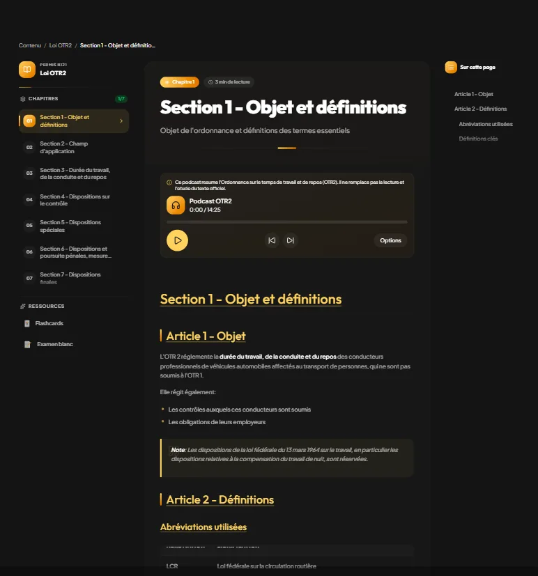 Lecteur de cours OTR 2 : section 1 avec sommaire des 7 sections, podcast audio et articles expliqués
