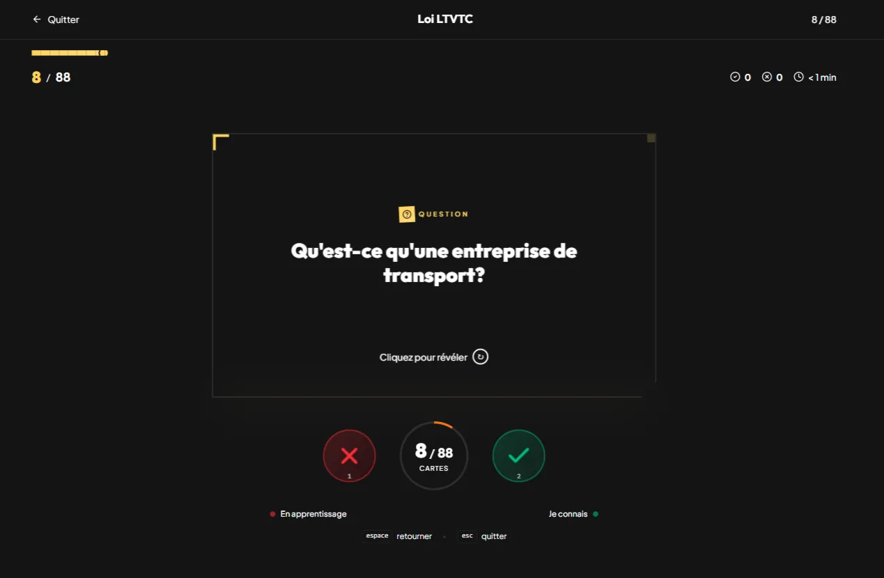 Session de flashcards du Diplôme VTC/Taxi avec auto-évaluation « je connais / en apprentissage »