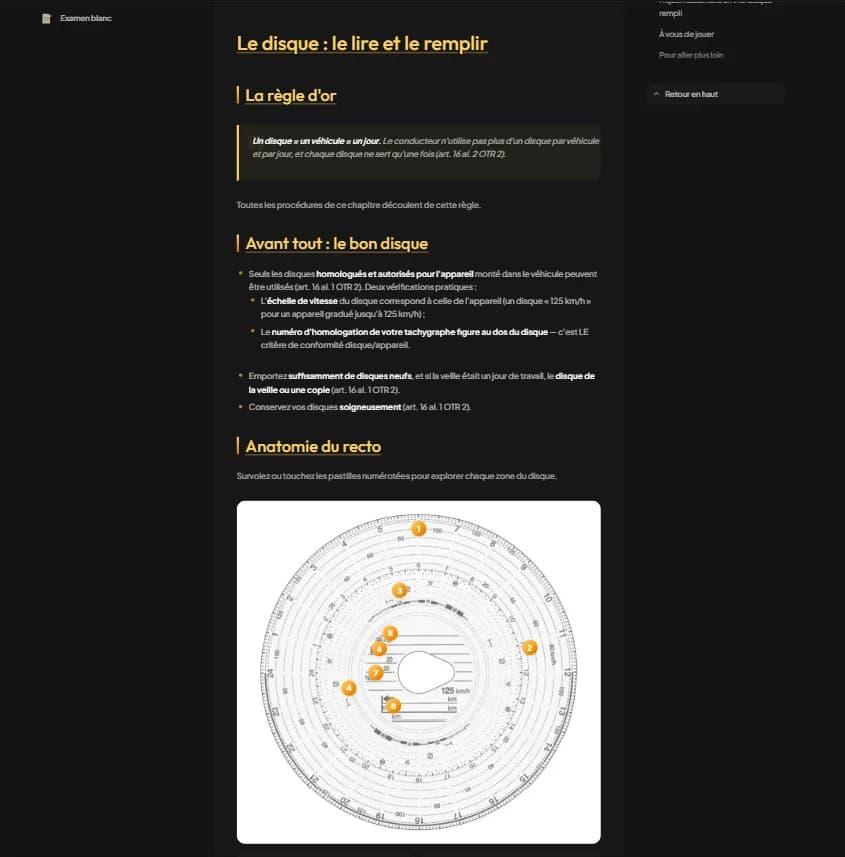 Module tachygraphe : chapitre « Le disque : le lire et le remplir » avec disque annoté interactif