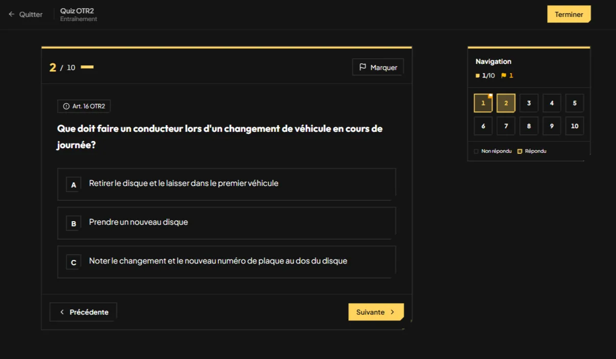 Quiz d'entraînement OTR 2 avec navigation entre questions et marquage