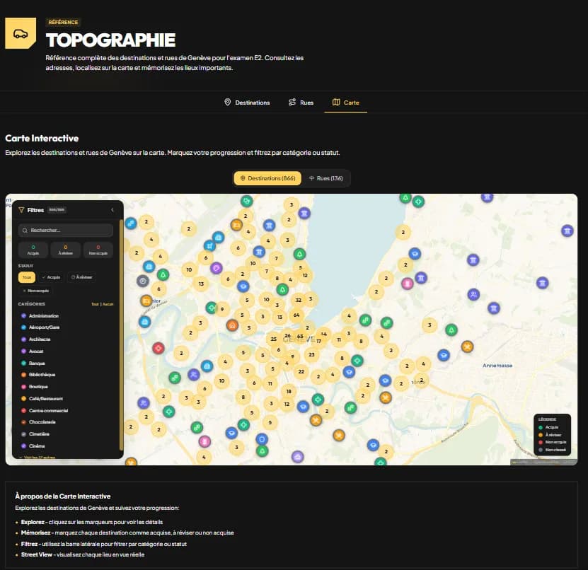 Carte interactive de topographie : les 866 destinations de Genève avec filtres par catégorie et statut de révision