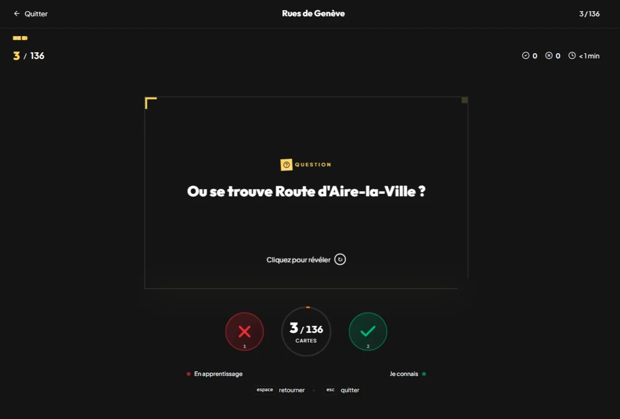 Session de flashcards des rues de Genève au format Début-Fin avec auto-évaluation