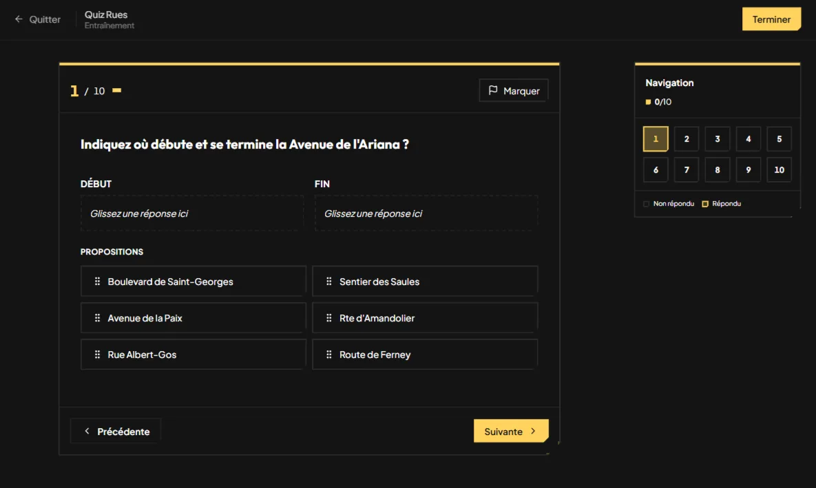 Quiz d'entraînement Début-Fin sur les rues de Genève avec propositions en glisser-déposer