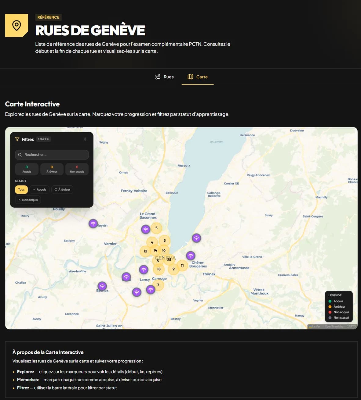 Carte interactive des 136 rues de Genève avec filtres par statut d'apprentissage pour l'examen complémentaire PCTN