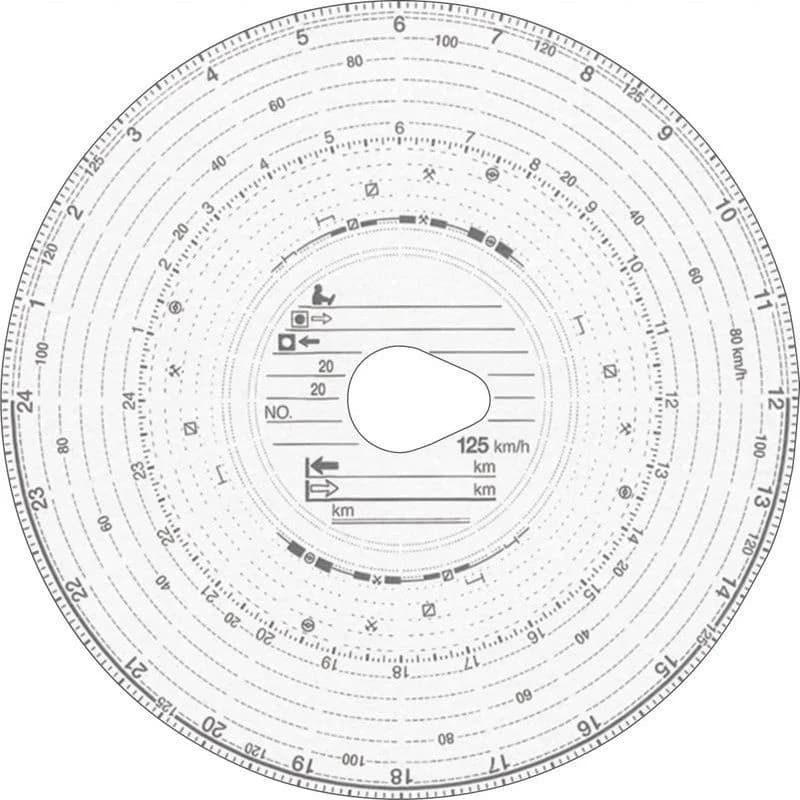 Recto d'un disque de tachygraphe 125 km/h : anneau horaire 24 h, échelles de vitesse, champ central d'inscriptions (nom, lieux, date, plaques, kilométrages)