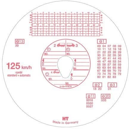 Verso d'un disque de tachygraphe : grilles horaires 0-12 h et 12-24 h pour inscriptions manuelles, champs pour véhicules supplémentaires et numéros d'homologation